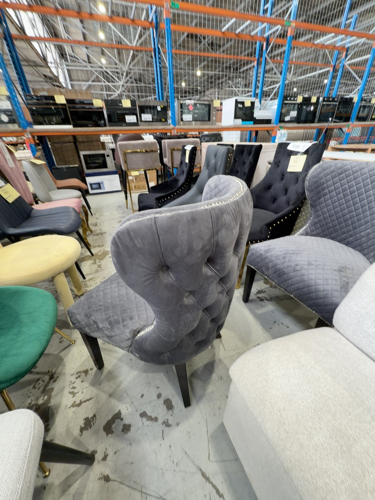 EX SHOWROOM - LAUREL GREY VELVET DINING CHAIR, QUILTED UPHOLSTERY WITH STUD DETAIL, BUTTON BACK, SOLD AS IS EX SHOWROOM - LAUREL GREY VELVET DINING CHAIR, QUILTED UPHOLSTERY WITH STUD DETAIL, BUTTON BACK, SOLD AS IS