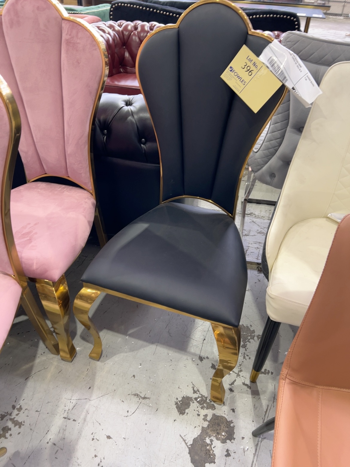 EX SHOWROOM - BLACK PU DINING CHAIR, GOLD FRAME, CURVED TOP, SOLD AS IS EX SHOWROOM - BLACK PU DINING CHAIR, GOLD FRAME, CURVED TOP, SOLD AS IS