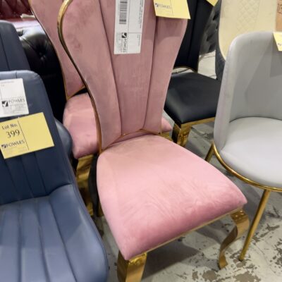 EX SHOWROOM - PINK VELVET DINING CHAIR, GOLD FRAME, CURVED TOP, SOLD AS IS EX SHOWROOM - PINK VELVET DINING CHAIR, GOLD FRAME, CURVED TOP, SOLD AS IS
