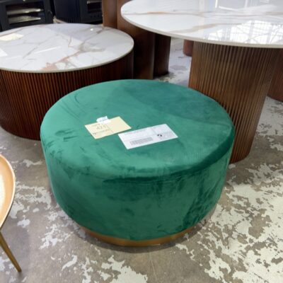EX SHOWROOM - LIRA 80CM GREEN VELVET OTTOMAN WITH GOLD BASE, SOLD AS IS EX SHOWROOM - LIRA 80CM GREEN VELVET OTTOMAN WITH GOLD BASE, SOLD AS IS