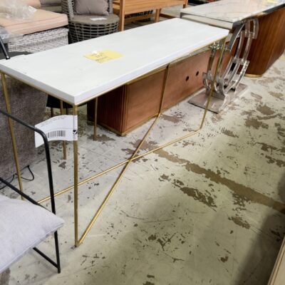 EX STAGING - GOLD METAL FRAMED HALL TABLE WITH WHITE TIMBER TOP, SOME MARKS, SOLD AS IS EX STAGING - GOLD METAL FRAMED HALL TABLE WITH WHITE TIMBER TOP, SOME MARKS, SOLD AS IS