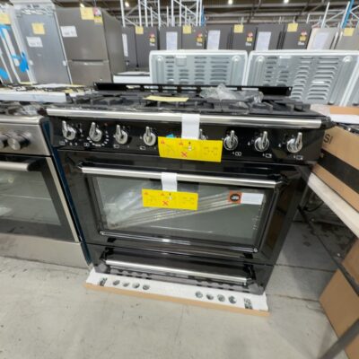 NEW SMEG 900MM FREESTANDING OVEN, TRA90BL9, GLOSS BLACK, DUAL FUEL, SOLD AS IS NO WARRANTY **BROKEN GLASS PANEL INSIDE DOOR** PARTS CAN BE PURCHASED
