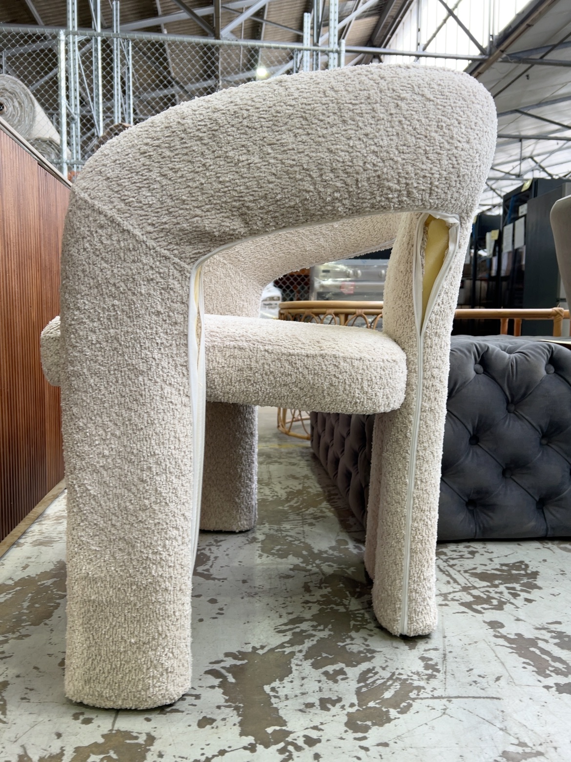 EX STAGING - WHITE BOUCLE CHAIR SOLD AS IS **ZIP BROKEN SOLD AS IS** EX STAGING - WHITE BOUCLE CHAIR SOLD AS IS **ZIP BROKEN SOLD AS IS**