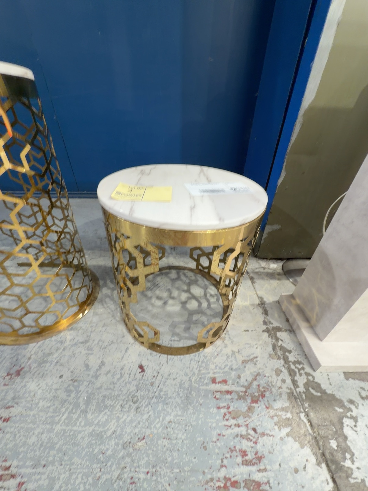 EX SHOWROOM - OLIVIA GOLD FRAME ROUND SIDE TABLE, WITH STONE TOP SOLD AS IS EX SHOWROOM - OLIVIA GOLD FRAME ROUND SIDE TABLE, WITH STONE TOP SOLD AS IS