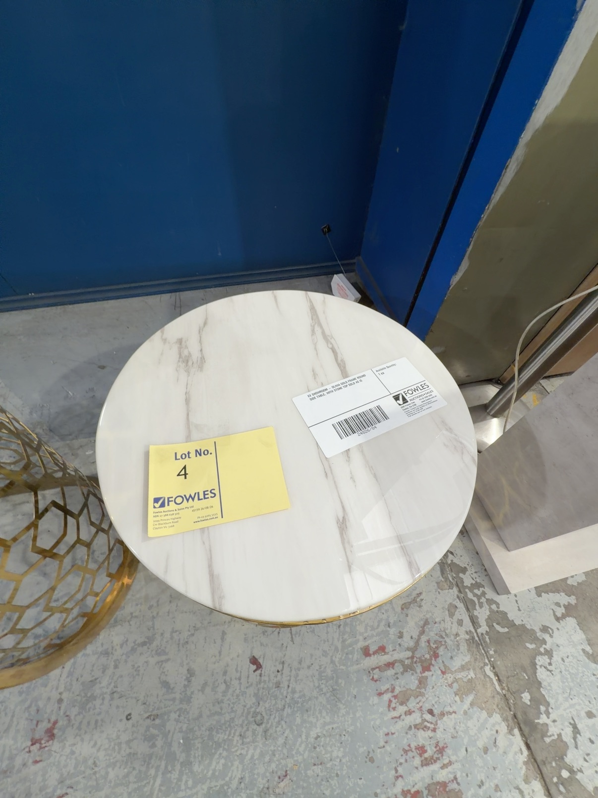 EX SHOWROOM - OLIVIA GOLD FRAME ROUND SIDE TABLE, WITH STONE TOP SOLD AS IS EX SHOWROOM - OLIVIA GOLD FRAME ROUND SIDE TABLE, WITH STONE TOP SOLD AS IS