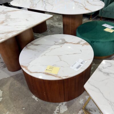 EX SHOWROOM - LISBON ROUND MARBLE COFFEE TABLE 1000MM TIMBER SLAT BASE, SOLD AS IS