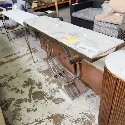 EX SHOWROOM - MONACO MARBLE CONSOLE TABLE 1200MM, CHROME FRAME, SOLD AS IS EX SHOWROOM - MONACO MARBLE CONSOLE TABLE 1200MM, CHROME FRAME, SOLD AS IS