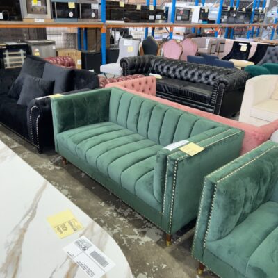 EX SHOWROOM - MALBEC 2 SEATER EMERALD GREEN SOFA WITH STUD DETAIL, 1750MM LONG, SOLD AS IS EX SHOWROOM - MALBEC 2 SEATER EMERALD GREEN SOFA WITH STUD DETAIL, 1750MM LONG, SOLD AS IS