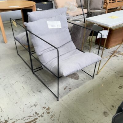 EX STAGING - GREY OUTDOOR ARMCHAIR, BLACK METAL FRAME, SOLD AS IS EX STAGING - GREY OUTDOOR ARMCHAIR, BLACK METAL FRAME, SOLD AS IS
