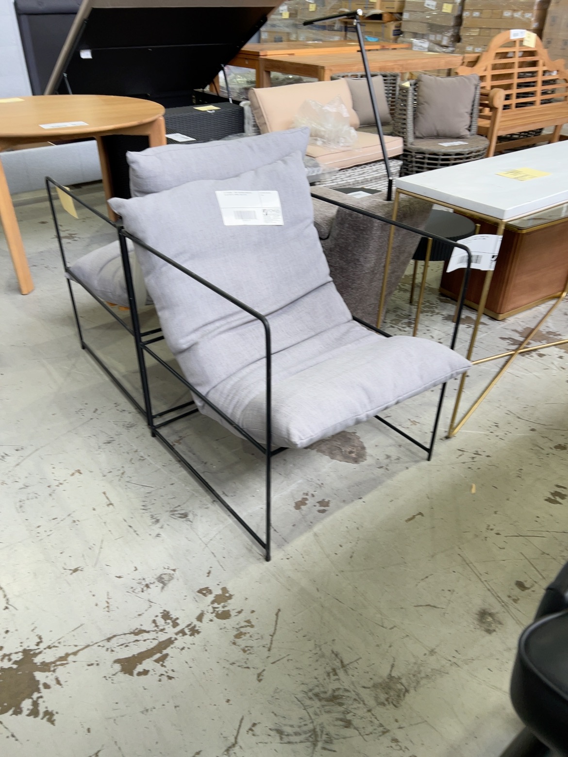EX STAGING - GREY OUTDOOR ARMCHAIR, BLACK METAL FRAME, SOLD AS IS EX STAGING - GREY OUTDOOR ARMCHAIR, BLACK METAL FRAME, SOLD AS IS