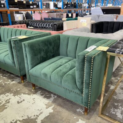 EX SHOWROOM - MALBEC ARMCHAIR EMERALD GREEN WITH STUD DETAIL, SOLD AS IS EX SHOWROOM - MALBEC ARMCHAIR EMERALD GREEN WITH STUD DETAIL, SOLD AS IS