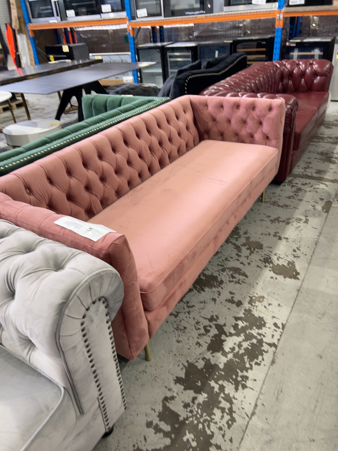 EX SHOWROOM - SOPHIA PINK VELVET 3 SEATER SOFA, SOLD AS IS EX SHOWROOM - SOPHIA PINK VELVET 3 SEATER SOFA, SOLD AS IS