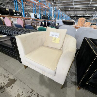 EX SHOWROOM - CREAM VELVET ARMCHAIR WITH GOLD FRAME, SOLD AS IS