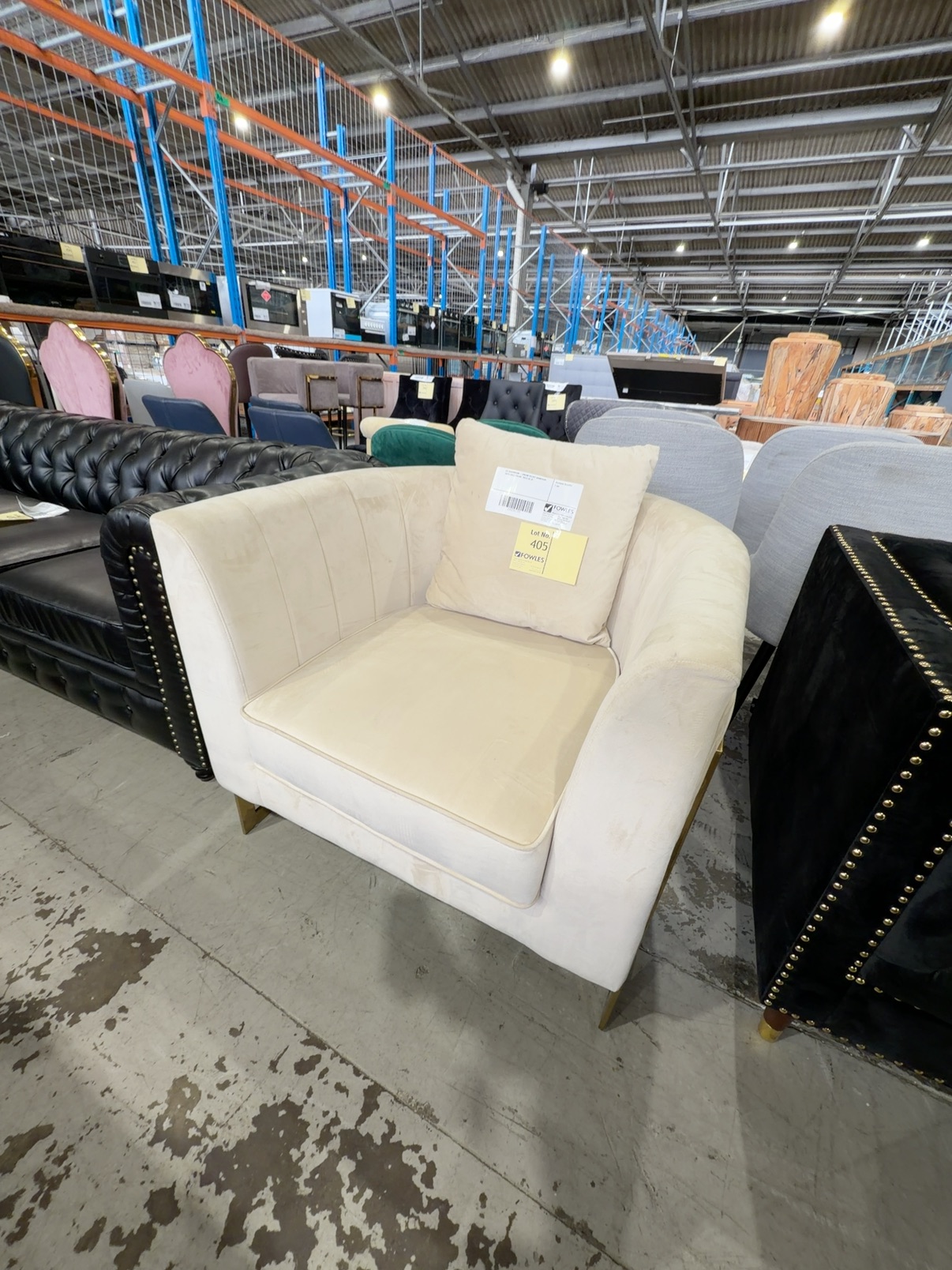 EX SHOWROOM - CREAM VELVET ARMCHAIR WITH GOLD FRAME, SOLD AS IS EX SHOWROOM - CREAM VELVET ARMCHAIR WITH GOLD FRAME, SOLD AS IS