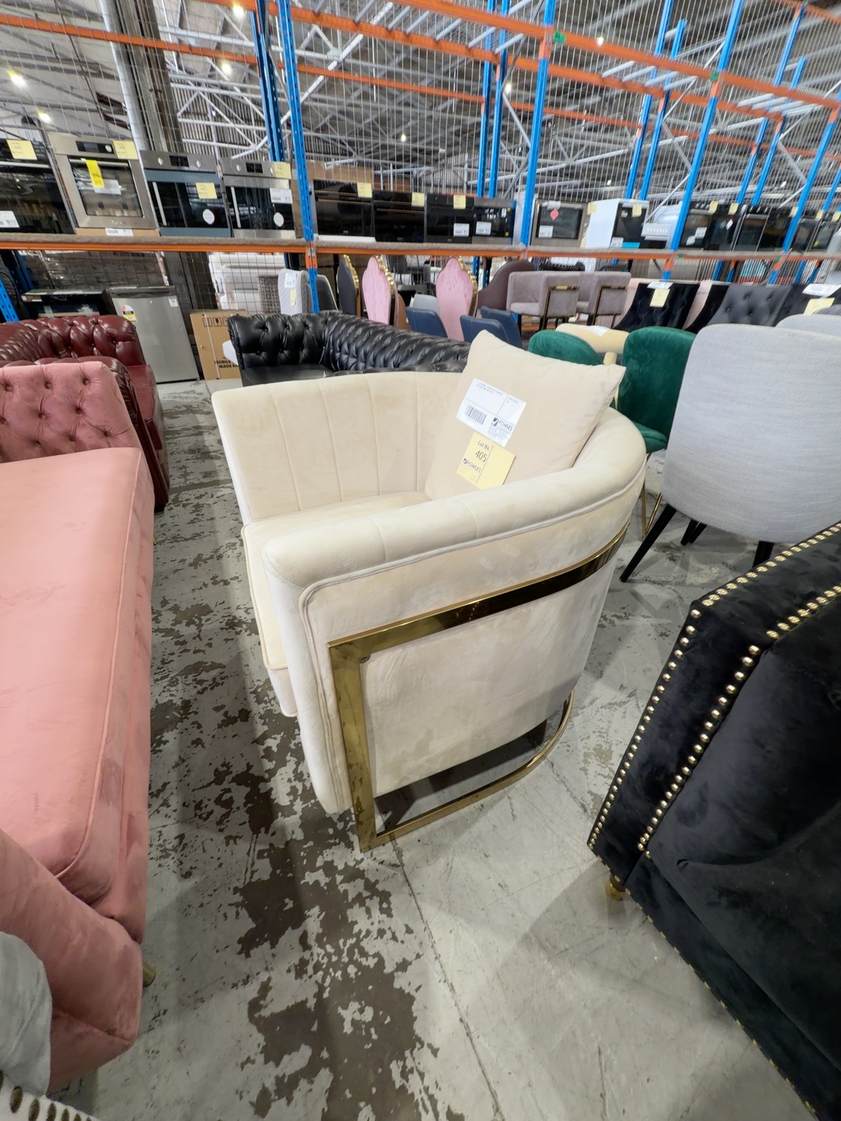 EX SHOWROOM - CREAM VELVET ARMCHAIR WITH GOLD FRAME, SOLD AS IS EX SHOWROOM - CREAM VELVET ARMCHAIR WITH GOLD FRAME, SOLD AS IS