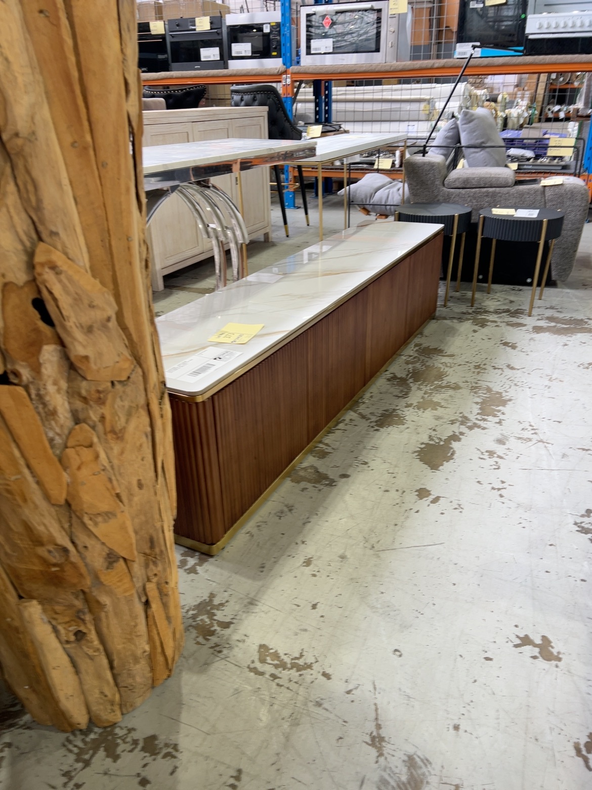 EX SHOWROOM - LISBON 2000MM ENTERTAINMENT UNIT, TIMBER SLAT BASE WITH STONE TOP, SOLD AS IS EX SHOWROOM - LISBON 2000MM ENTERTAINMENT UNIT, TIMBER SLAT BASE WITH STONE TOP, SOLD AS IS