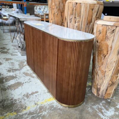 EX SHOWROOM - LISBON 1500MM BUFFET, TIMBER SLAT BASE WITH STONE TOP, SOLD AS IS