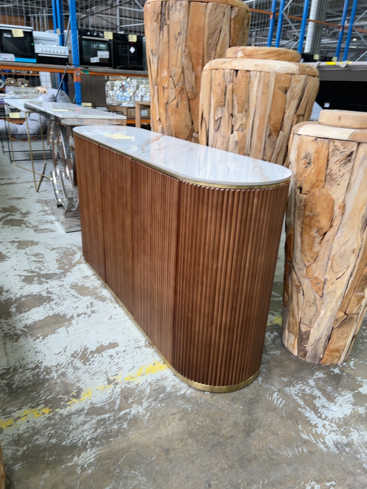 EX SHOWROOM - LISBON 1500MM BUFFET, TIMBER SLAT BASE WITH STONE TOP, SOLD AS IS EX SHOWROOM - LISBON 1500MM BUFFET, TIMBER SLAT BASE WITH STONE TOP, SOLD AS IS
