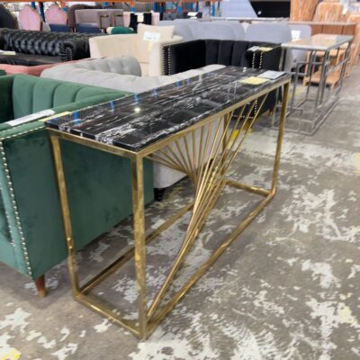 EX SHOWROOM - 1400MM CONSOLE, GOLD TWISTED BASE WITH DARK STONE TOP SOLD AS IS EX SHOWROOM - 1400MM CONSOLE, GOLD TWISTED BASE WITH DARK STONE TOP SOLD AS IS
