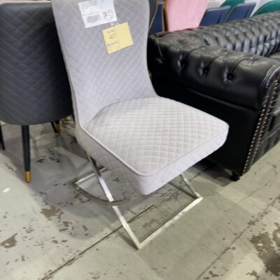 EX SHOWROOM - SHERMAN GREY VELVET DINING CHAIR, CHROME CROSS LEG BASE, QUILTED FRONT & BUTTON UPHOLSTERED BACK, SOLD AS IS EX SHOWROOM - SHERMAN GREY VELVET DINING CHAIR, CHROME CROSS LEG BASE, QUILTED FRONT & BUTTON UPHOLSTERED BACK, SOLD AS IS