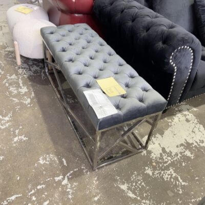 EX SHOWROOM - 1180MM DARK GREY VELVET BENCH OTTOMAN ON CHROME FRAME, SOLD AS IS