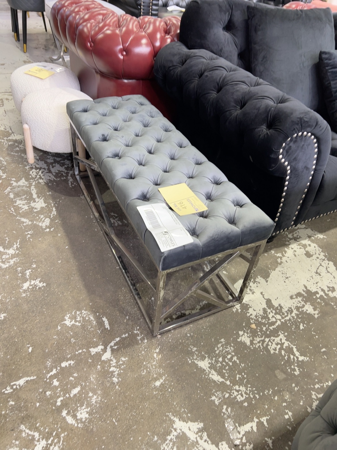 EX SHOWROOM - 1180MM DARK GREY VELVET BENCH OTTOMAN ON CHROME FRAME, SOLD AS IS EX SHOWROOM - 1180MM DARK GREY VELVET BENCH OTTOMAN ON CHROME FRAME, SOLD AS IS