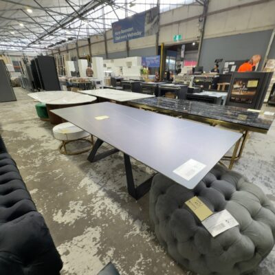 EX SHOWROOM - SILVA SINTERED STONE DINING TABLE, BLACK METAL BASE, 2200MM X 1000MM SOLD AS IS EX SHOWROOM - SILVA SINTERED STONE DINING TABLE, BLACK METAL BASE, 2200MM X 1000MM SOLD AS IS