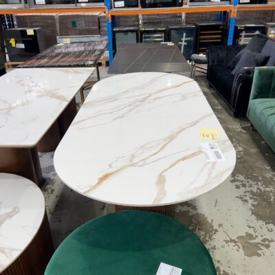 EX SHOWROOM - LISBON CURVED DINING TABLE, 2000MM X 1000MM TIMBER SLAT CYCLINDER BASE, SOLD AS IS