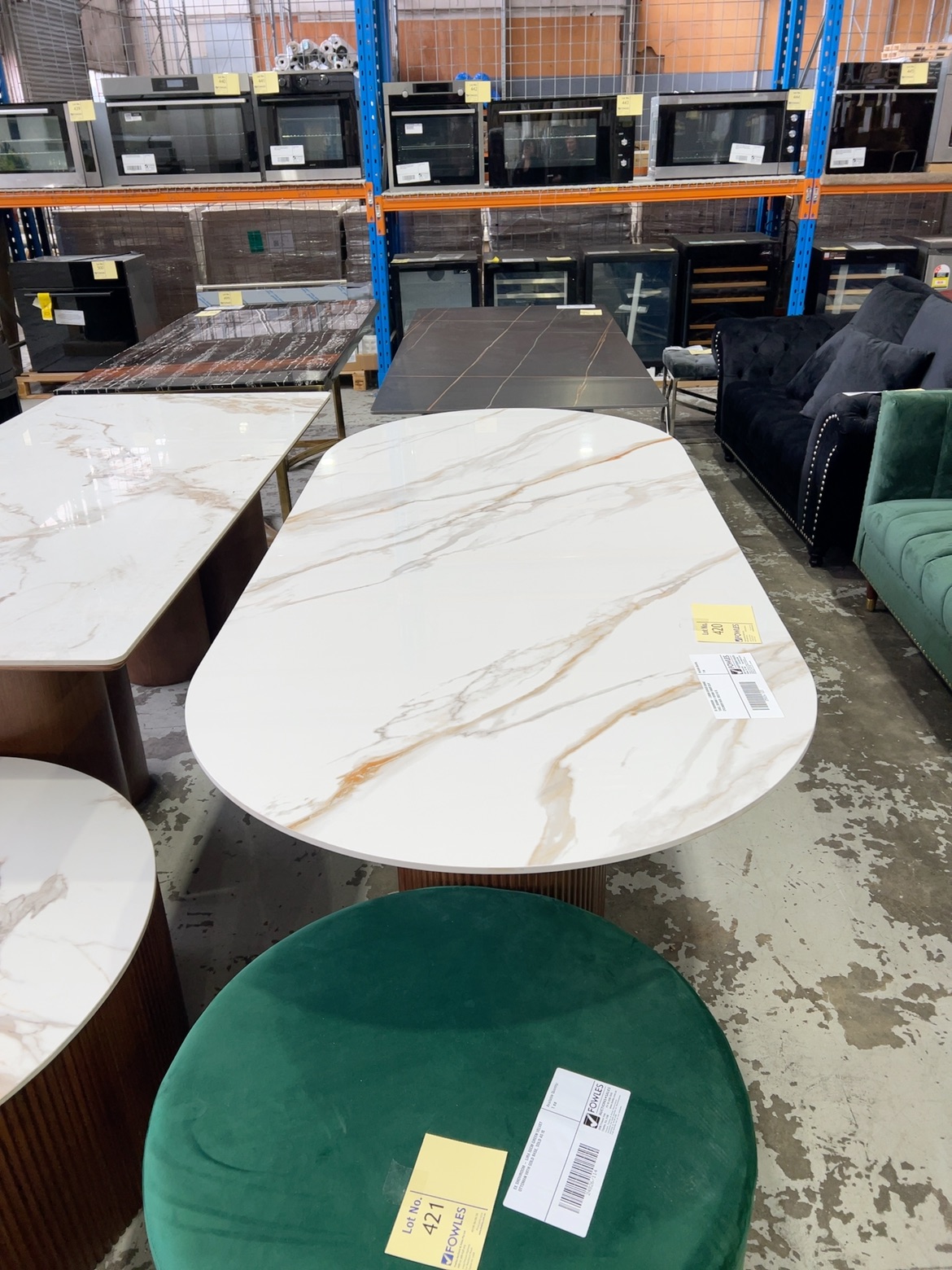 EX SHOWROOM - LISBON CURVED DINING TABLE, 2000MM X 1000MM TIMBER SLAT CYCLINDER BASE, SOLD AS IS EX SHOWROOM - LISBON CURVED DINING TABLE, 2000MM X 1000MM TIMBER SLAT CYCLINDER BASE, SOLD AS IS