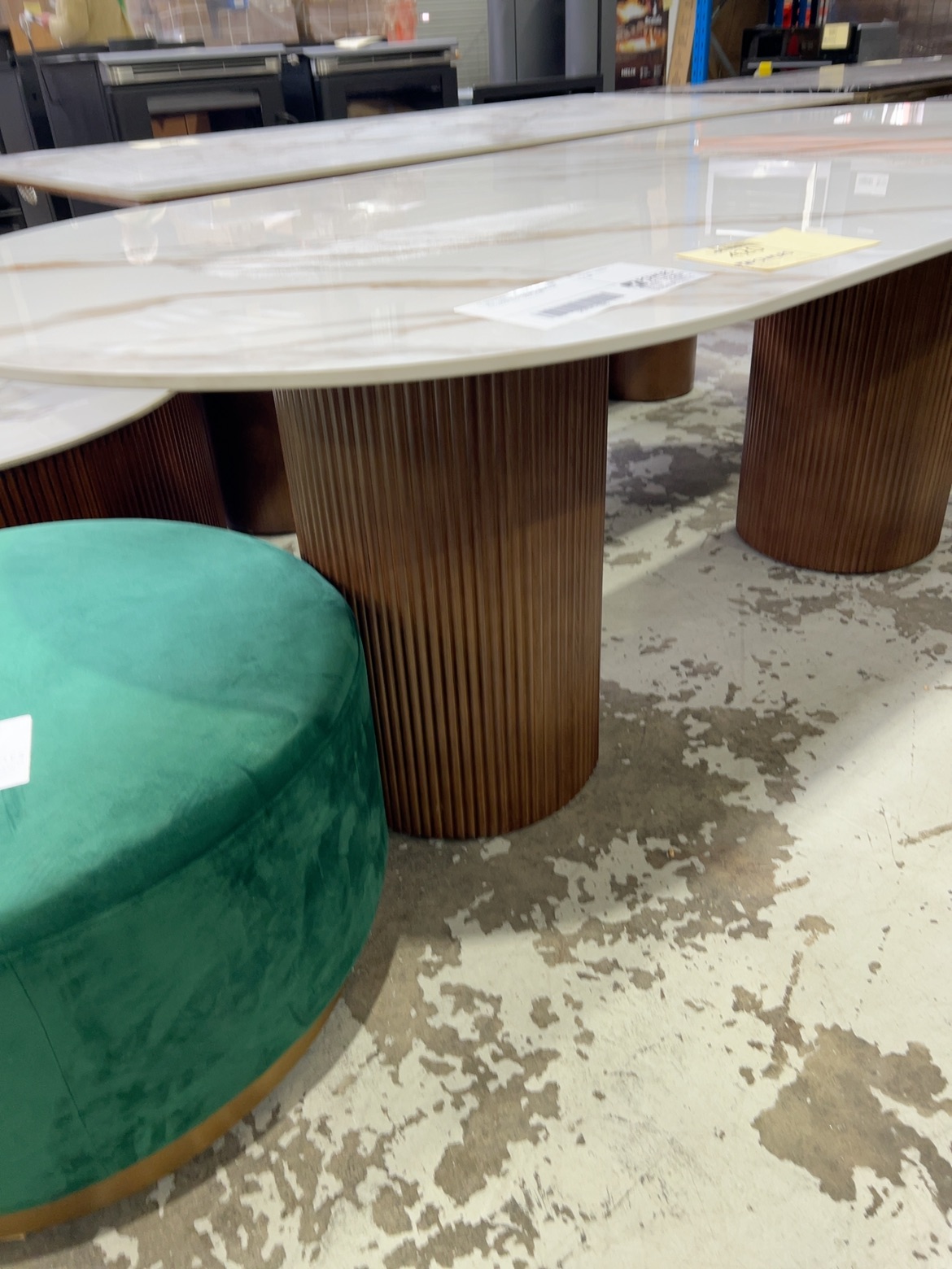 EX SHOWROOM - LISBON CURVED DINING TABLE, 2000MM X 1000MM TIMBER SLAT CYCLINDER BASE, SOLD AS IS EX SHOWROOM - LISBON CURVED DINING TABLE, 2000MM X 1000MM TIMBER SLAT CYCLINDER BASE, SOLD AS IS