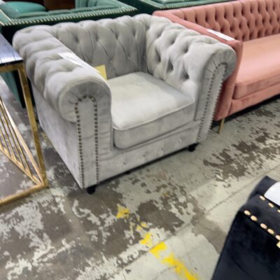 EX SHOWROOM - NESTER GREY VELVET CHESTERFIELD ARMCHAIR, BUTTON UPHOLSTERED, SOLD AS IS