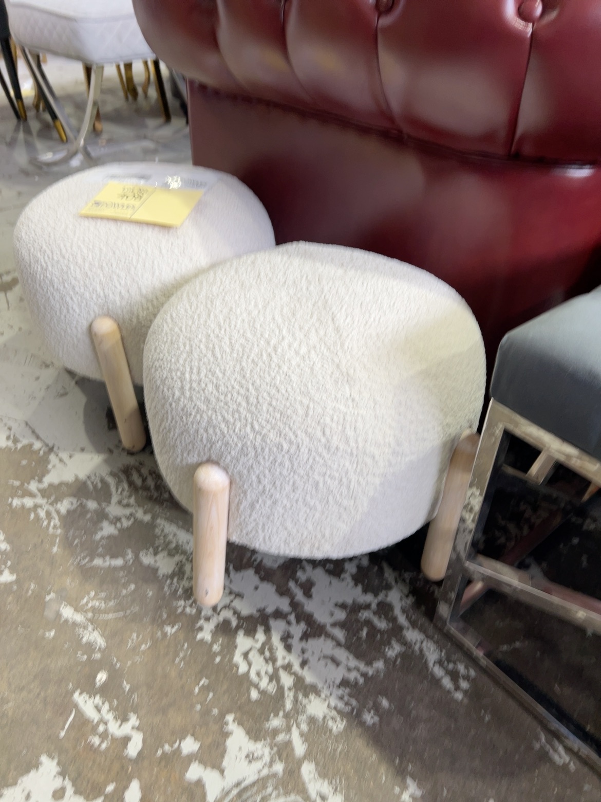 EX STAGING - WHITE BOUCLE FOOTSTOOL, SOLD AS IS EX STAGING - WHITE BOUCLE FOOTSTOOL, SOLD AS IS