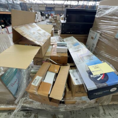 PALLET OF ASSORTED DESIGNER TAPWARE, DOOR LEVERS, SHOWER RAILS, HILLS FOLDING CLOTHES LINE ETC, SOLD AS IS PALLET OF ASSORTED DESIGNER TAPWARE, DOOR LEVERS, SHOWER RAILS, HILLS FOLDING CLOTHES LINE ETC, SOLD AS IS