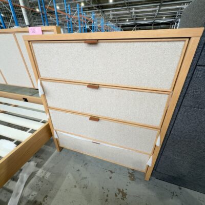 NEW LIONEL TALLBOY, AMERICAN OAK, BEIGE FABRIC WITH LEATHER PULLS
