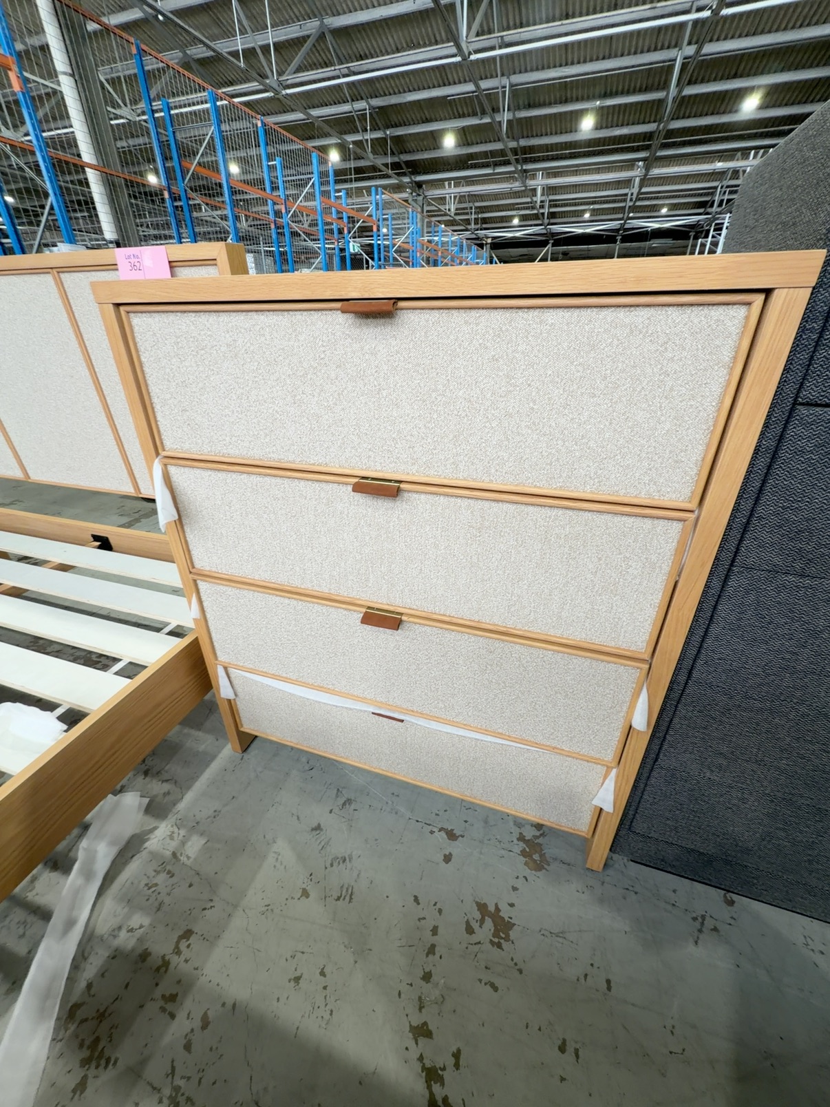 NEW LIONEL TALLBOY, AMERICAN OAK, BEIGE FABRIC WITH LEATHER PULLS NEW LIONEL TALLBOY, AMERICAN OAK, BEIGE FABRIC WITH LEATHER PULLS