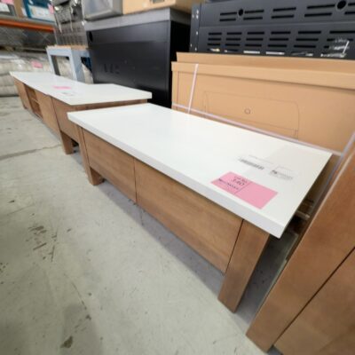 EX SHOWROOM - OAK COFFEE TABLE WITH WHITE TOP, SOLD AS IS EX SHOWROOM - OAK COFFEE TABLE WITH WHITE TOP, SOLD AS IS