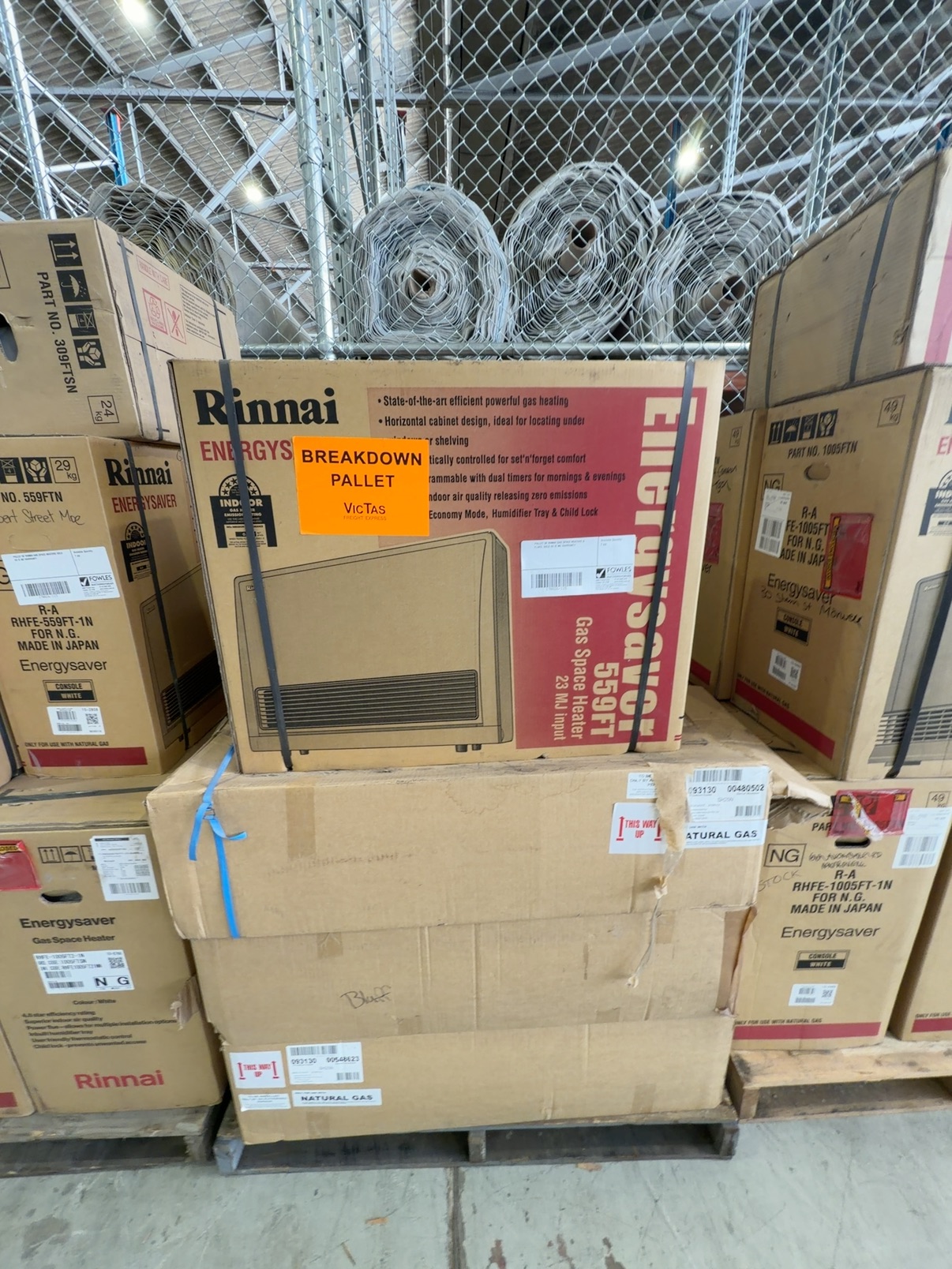 PALLET OF RINNAI GAS SPACE HEATERS & FLUES, SOLD AS IS NO WARRANTY PALLET OF RINNAI GAS SPACE HEATERS & FLUES, SOLD AS IS NO WARRANTY