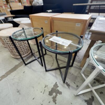 EX STAGING - GLASS ROUND SIDE TABLE, BLACK FRAME, SOLD AS IS EX STAGING - GLASS ROUND SIDE TABLE, BLACK FRAME, SOLD AS IS