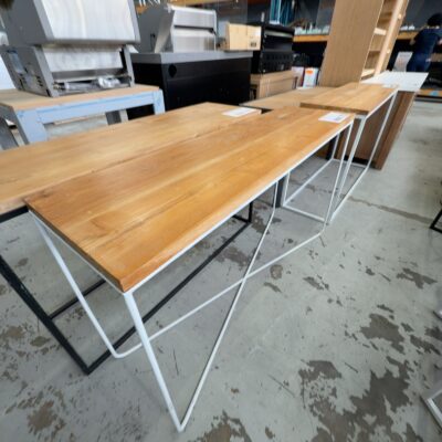 EX STAGING - TIMBER HALL TABLE, WHITE METAL FRAME, SOLD AS IS
