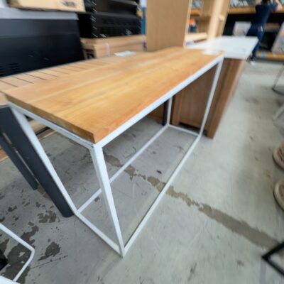 EX STAGING - TIMBER HALL TABLE, WHITE METAL FRAME, SOLD AS IS EX STAGING - TIMBER HALL TABLE, WHITE METAL FRAME, SOLD AS IS