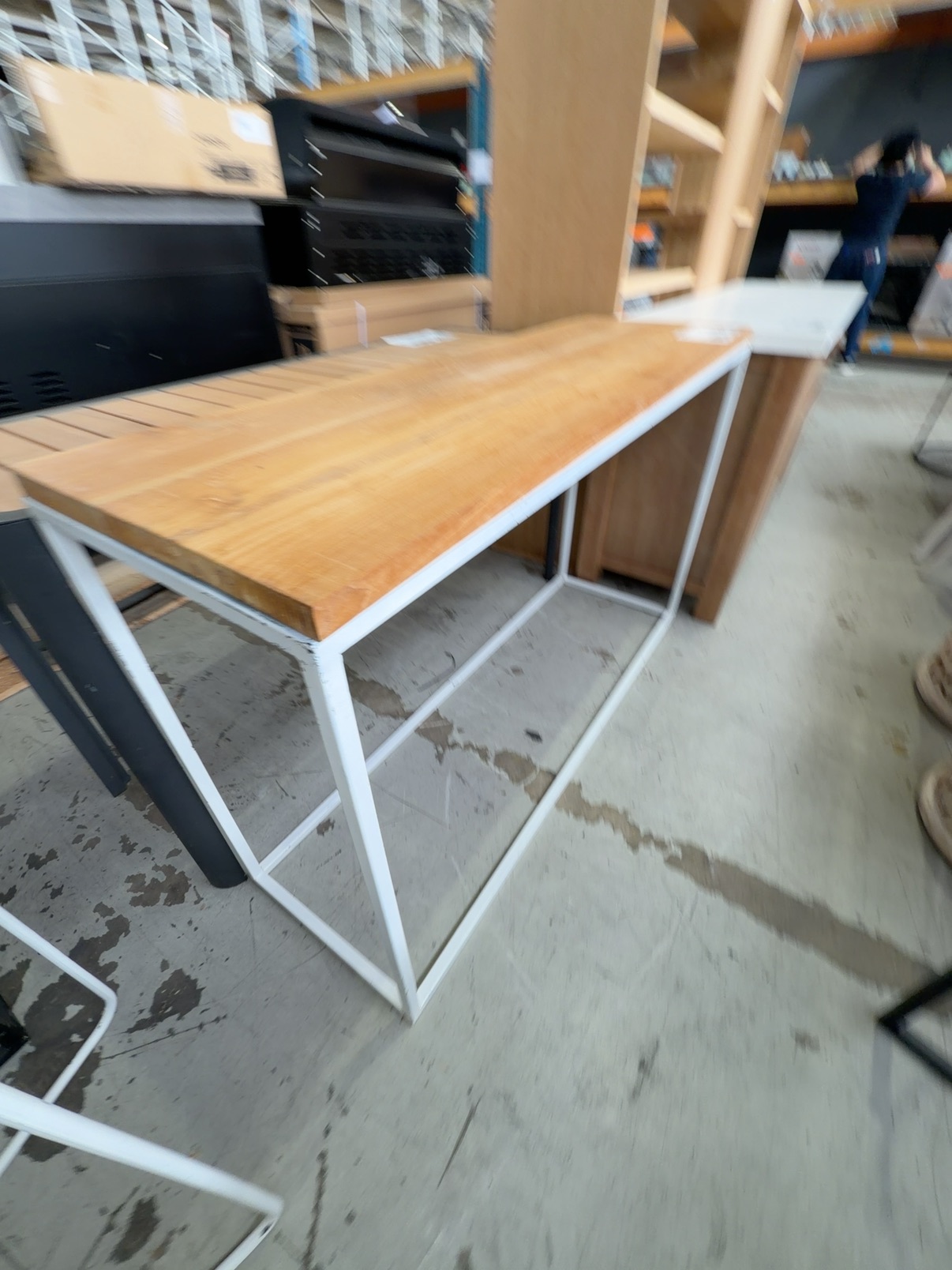 EX STAGING - TIMBER HALL TABLE, WHITE METAL FRAME, SOLD AS IS EX STAGING - TIMBER HALL TABLE, WHITE METAL FRAME, SOLD AS IS