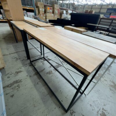 EX STAGING - TIMBER HALL TABLE, BLACK METAL FRAME, SOLD AS IS