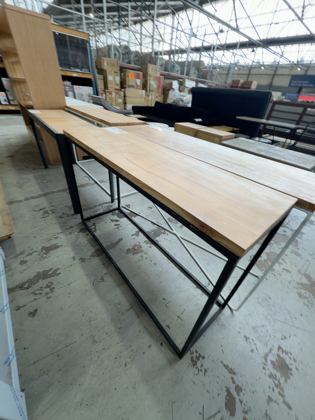EX STAGING - TIMBER HALL TABLE, BLACK METAL FRAME, SOLD AS IS EX STAGING - TIMBER HALL TABLE, BLACK METAL FRAME, SOLD AS IS