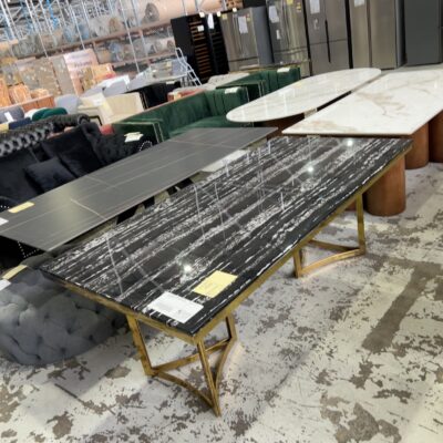 EX SHOWROOM - ARIZONA MARBLE DINING TABLE, 2000MM X 1000MM WITH GOLD FRAME BASE SOLD AS IS EX SHOWROOM - ARIZONA MARBLE DINING TABLE, 2000MM X 1000MM WITH GOLD FRAME BASE SOLD AS IS