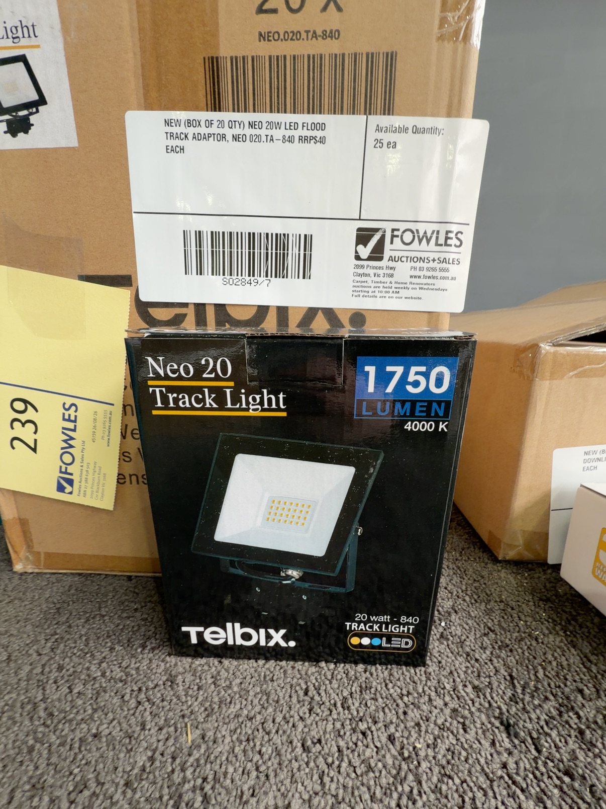 NEW (BOX OF 20 QTY) NEO 20W LED FLOOD TRACK ADAPTOR, NEO 020.TA-840 RRP$40 EACH NEW (BOX OF 20 QTY) NEO 20W LED FLOOD TRACK ADAPTOR, NEO 020.TA-840 RRP$40 EACH