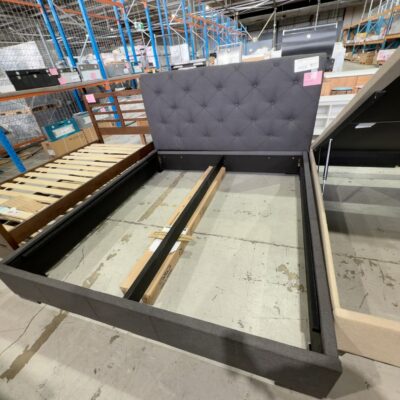 NEW MEMPHIS SCROLLED KING SIZE BEDFRAME, WITH SCROLLED BUTTON UPHOLSTERED HIGH BEDHEAD, SLATE FABRIC, WITH STANDARD BASE NEW MEMPHIS SCROLLED KING SIZE BEDFRAME, WITH SCROLLED BUTTON UPHOLSTERED HIGH BEDHEAD, SLATE FABRIC, WITH STANDARD BASE