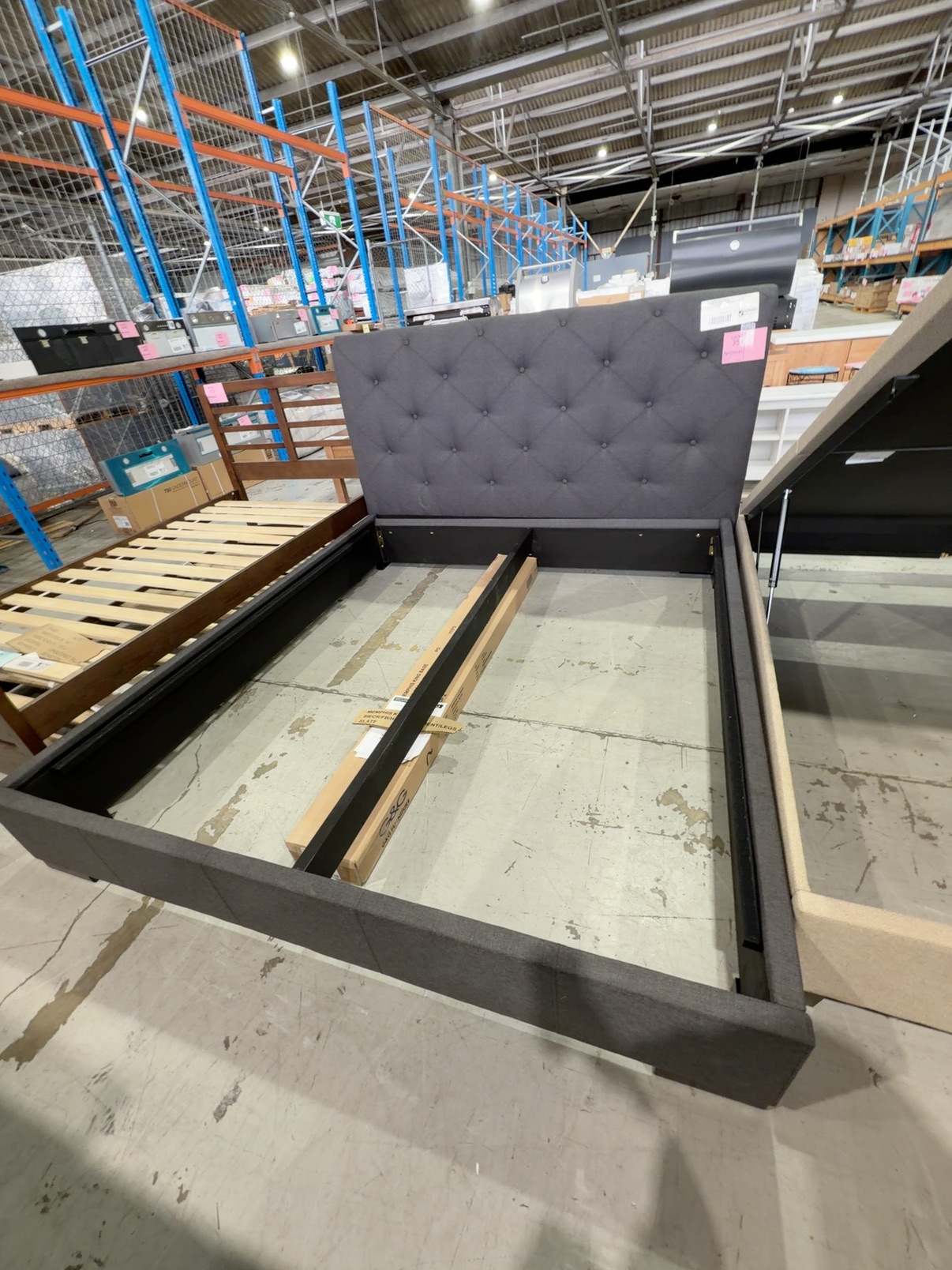 NEW MEMPHIS SCROLLED KING SIZE BEDFRAME, WITH SCROLLED BUTTON UPHOLSTERED HIGH BEDHEAD, SLATE FABRIC, WITH STANDARD BASE NEW MEMPHIS SCROLLED KING SIZE BEDFRAME, WITH SCROLLED BUTTON UPHOLSTERED HIGH BEDHEAD, SLATE FABRIC, WITH STANDARD BASE