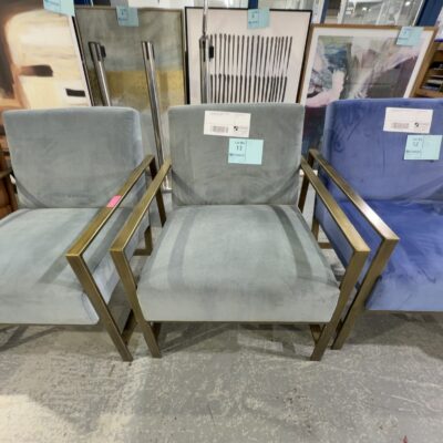 EX STAGING GREEN ARMCHAIR, BRUSHED GOLD FRAME, SOLD AS IS