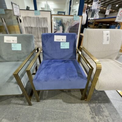 EX STAGING BLUE ARMCHAIR, BRUSHED GOLD FRAME, SOLD AS IS