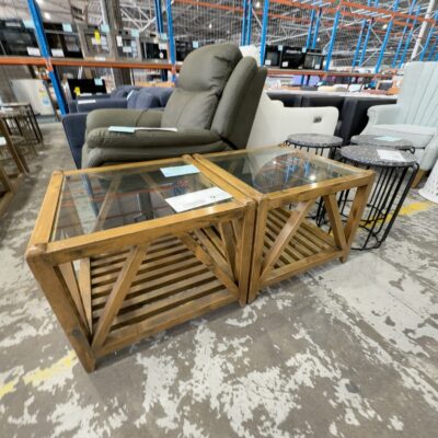 EX STAGING SIDE TABLE, TIMBER & GLASS, SOLD AS IS
